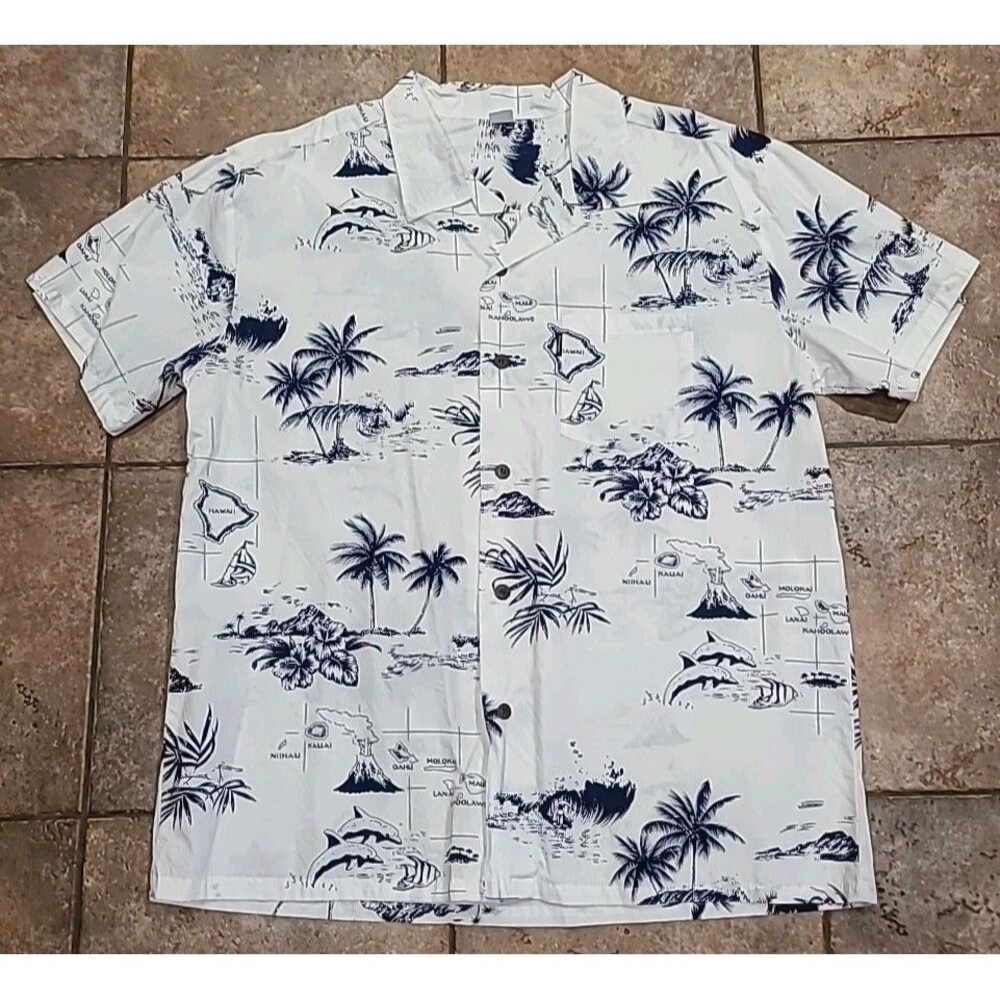 Palmwave Hawaii White XXL Aloha Hawaiian Shirt Dolphins Palms Island 100% Cotton